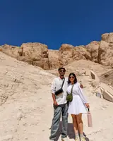 Akshat and Akanksha below the limestone cliffs of the Valley of the Kings, Egypt