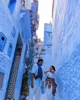 Akshat and Akanksha in the blue-painted lanes of Chefchaouen, Morocco